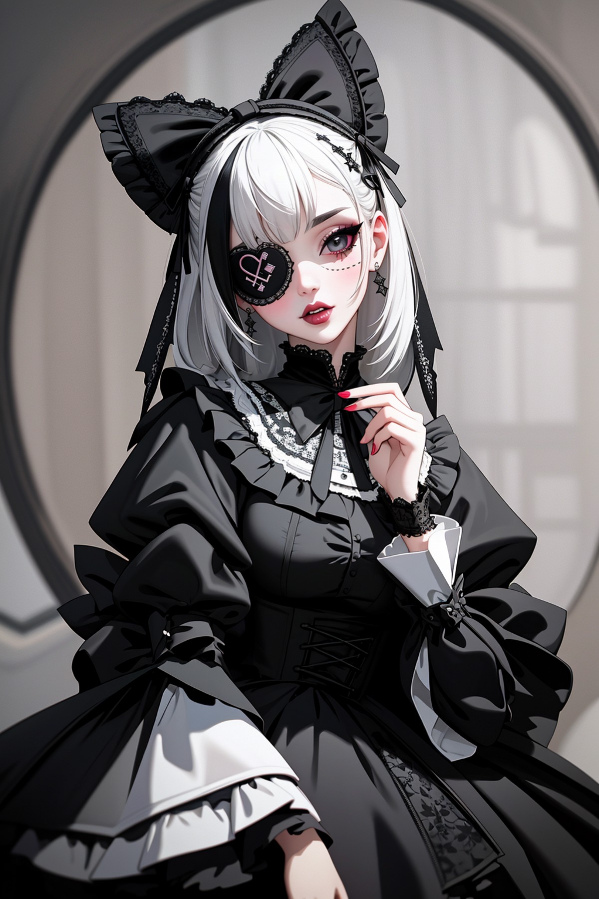 ((Masterpiece, best quality)), edgQuality,bimbo,glossy,
GothGal, a woman in a black and white dress,ribbon,lace,goth print...